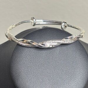 Twisted Silver Rhinestone Adjustable Bangle Bracelet
